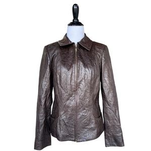 St. John Sport Brown Lamb Leather Floral Embossed Printed Leather Jacket Small